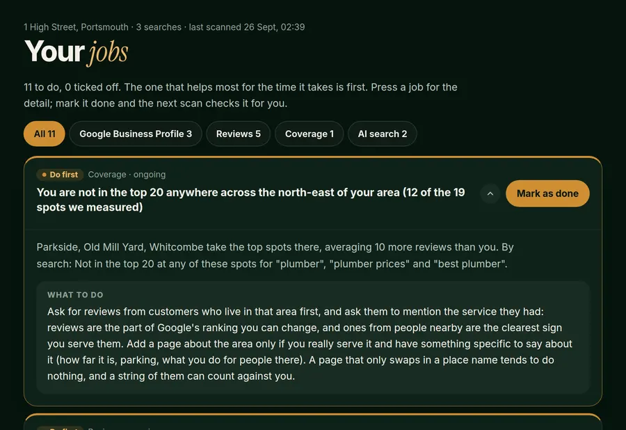 Illustrative Kerbrank local SEO task list