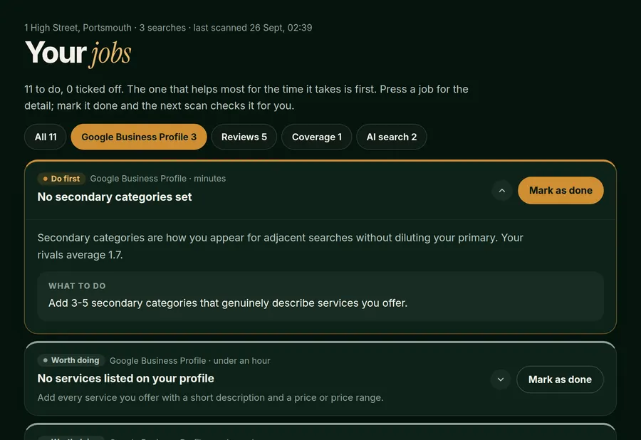 Your jobs, showing only the ones for your Google Business Profile