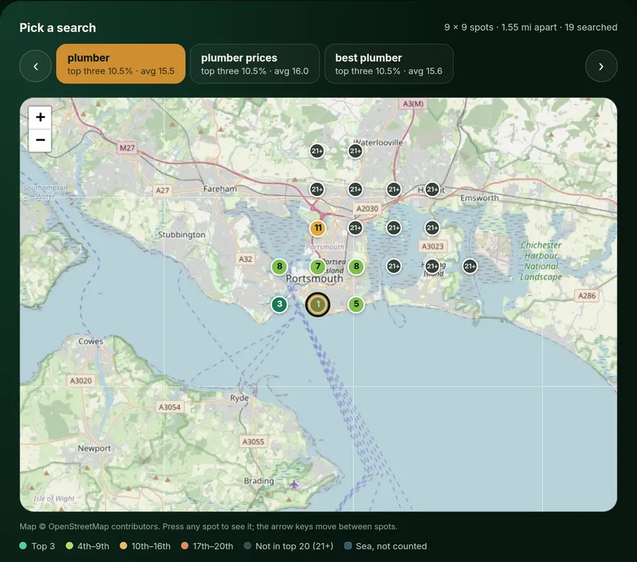 The rank map for one search: every spot we checked, coloured by where you came, with your door ringed