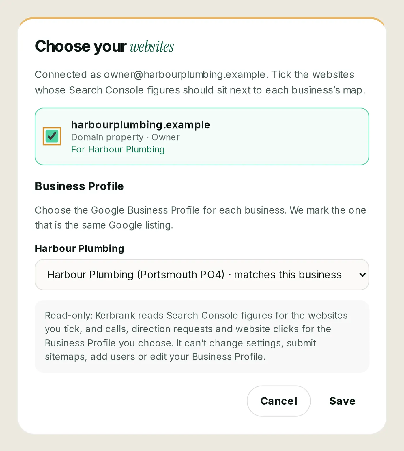 Kerbrank's account screen for Harbour Plumbing, choosing the Google Business Profile that matches the business
