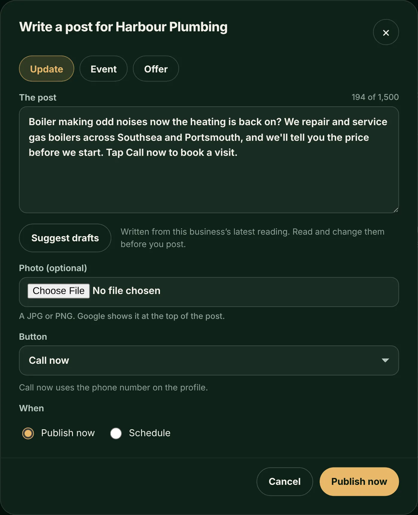 A post for Harbour Plumbing in a post editor: an update about boiler repairs with a Call now button