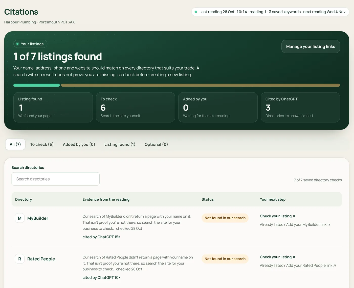 Kerbrank's Citations page for a made-up plumber: 1 of 7 UK directory listings found and 6 to check